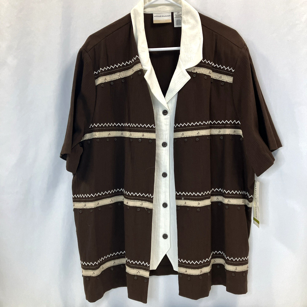 Alfred Dunner Twofer Layered Embroidered Blouse Top Brown Striped Size 22W NWT